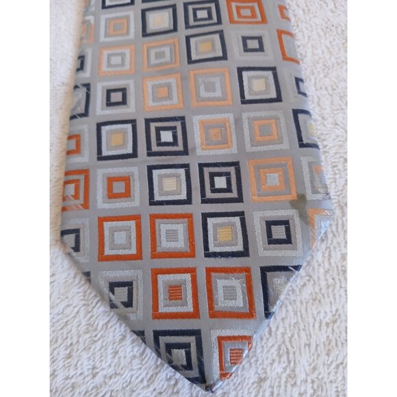 City Of London Silk Tie Gray With Geometric Squares Office Career - Picture 3 of 9